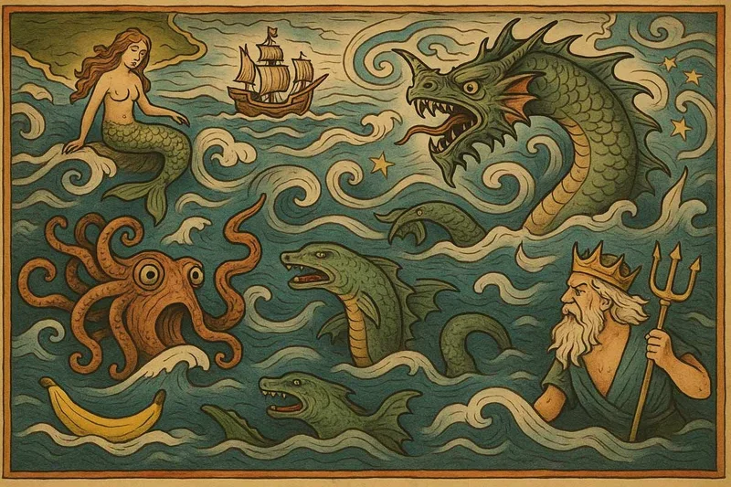 Старинная карта с морскими чудовищами и мифологическими существами, символизирующая страхи и суеверия моряков прошлого.