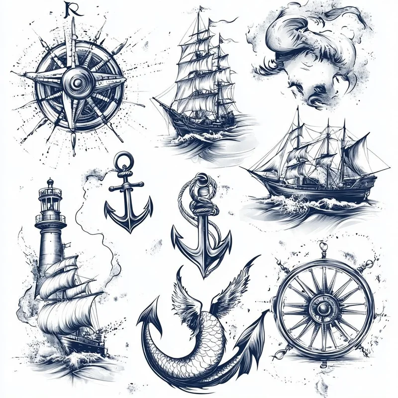 коллаж эскизов морских татуировок