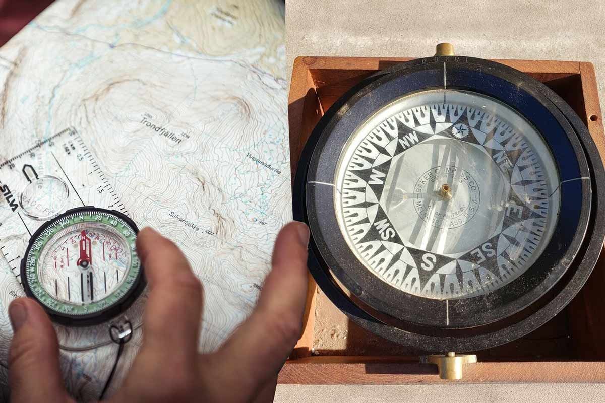 Сравнительное изображение: туристический компас, морской рулевой компас в карданном подвесе.