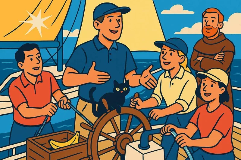 Группа студентов Navi.training на палубе учебной яхты, активно участвующих в практических занятиях под руководством инструктора.