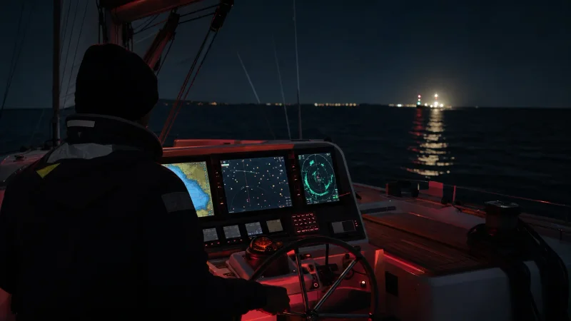 Skipper cross-checking GPS, AIS and radar during night navigation