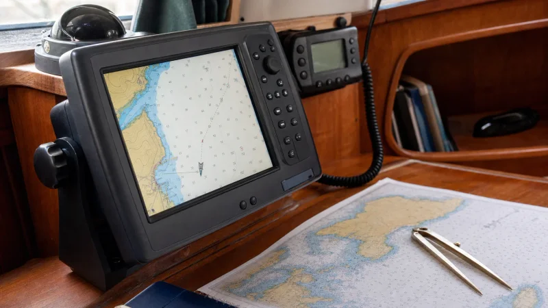 Yacht GPS chartplotter with nautical chart and paper navigation tools