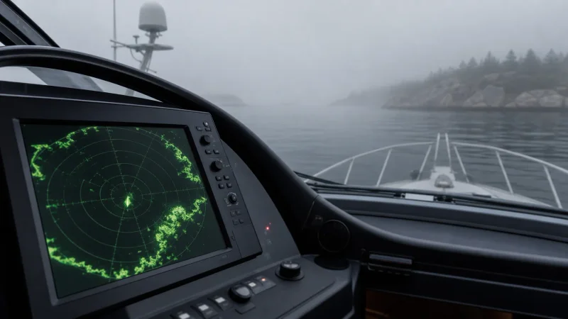 Marine radar display guiding a yacht through coastal fog